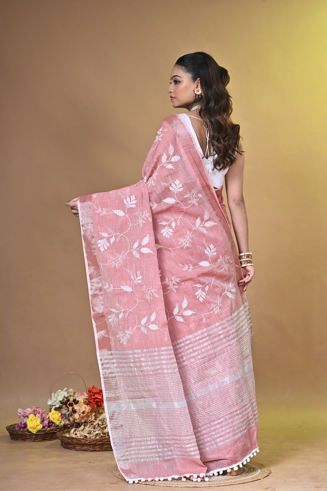 Pink Linen Jal Saree with All-Over Floral Embroidery