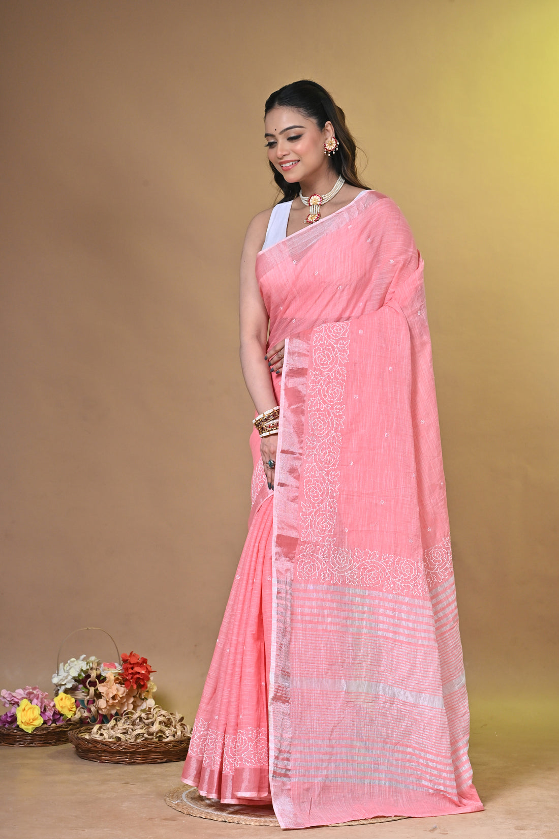 Pink Linen Sabudana Saree with Floral Woven Design