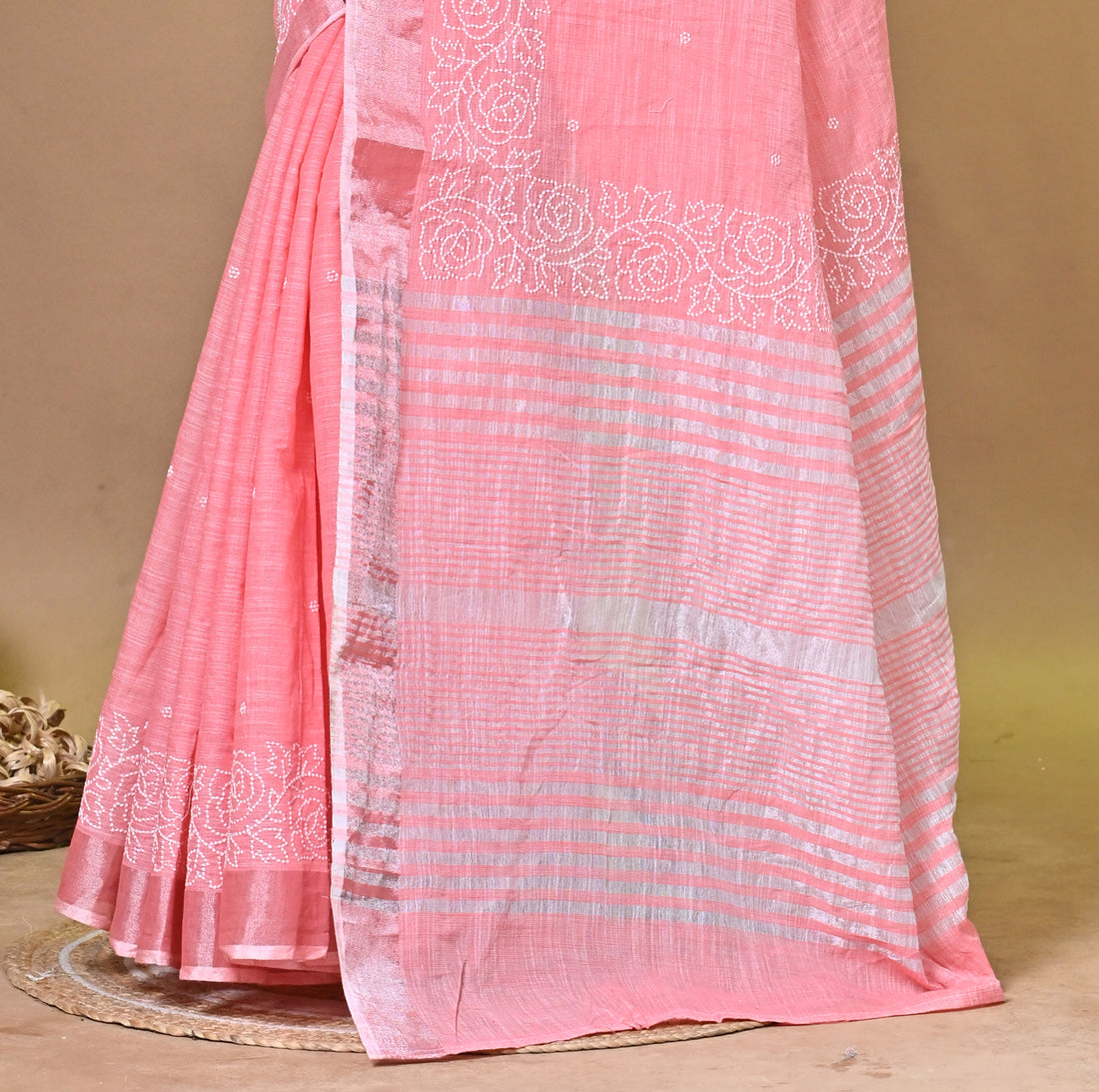 Pink Linen Sabudana Saree with Floral Woven Design