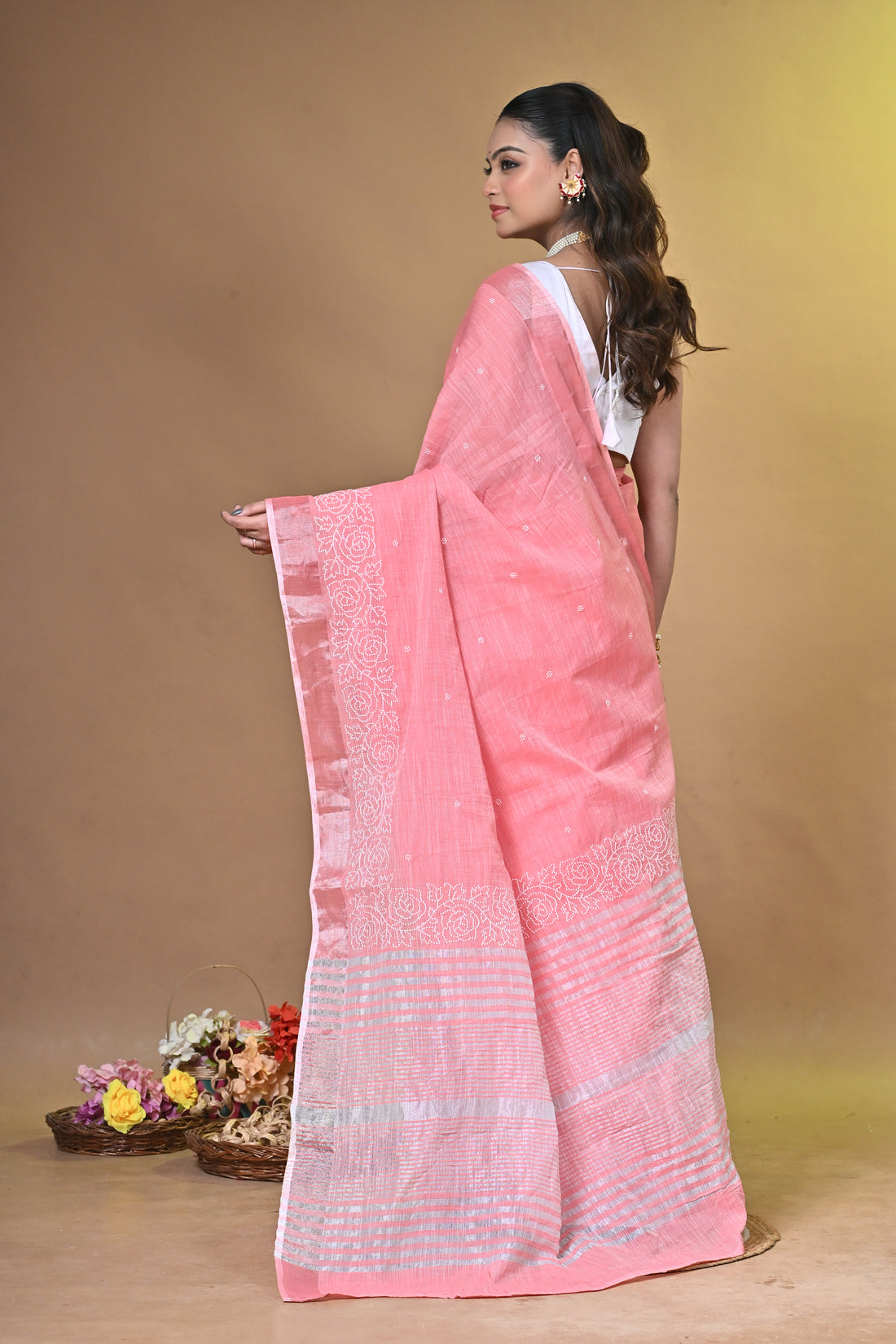 Pink Linen Sabudana Saree with Floral Woven Design