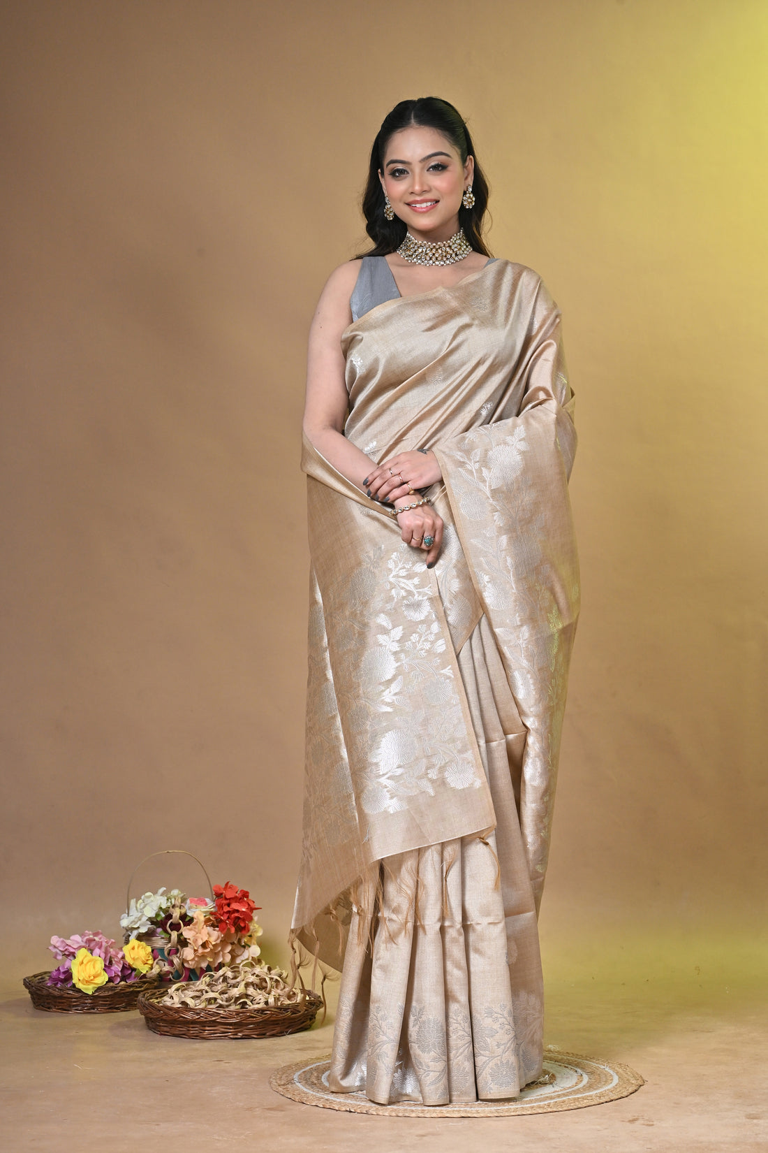 Cream Semi Tassar Saree with Elegant Floral Woven Design