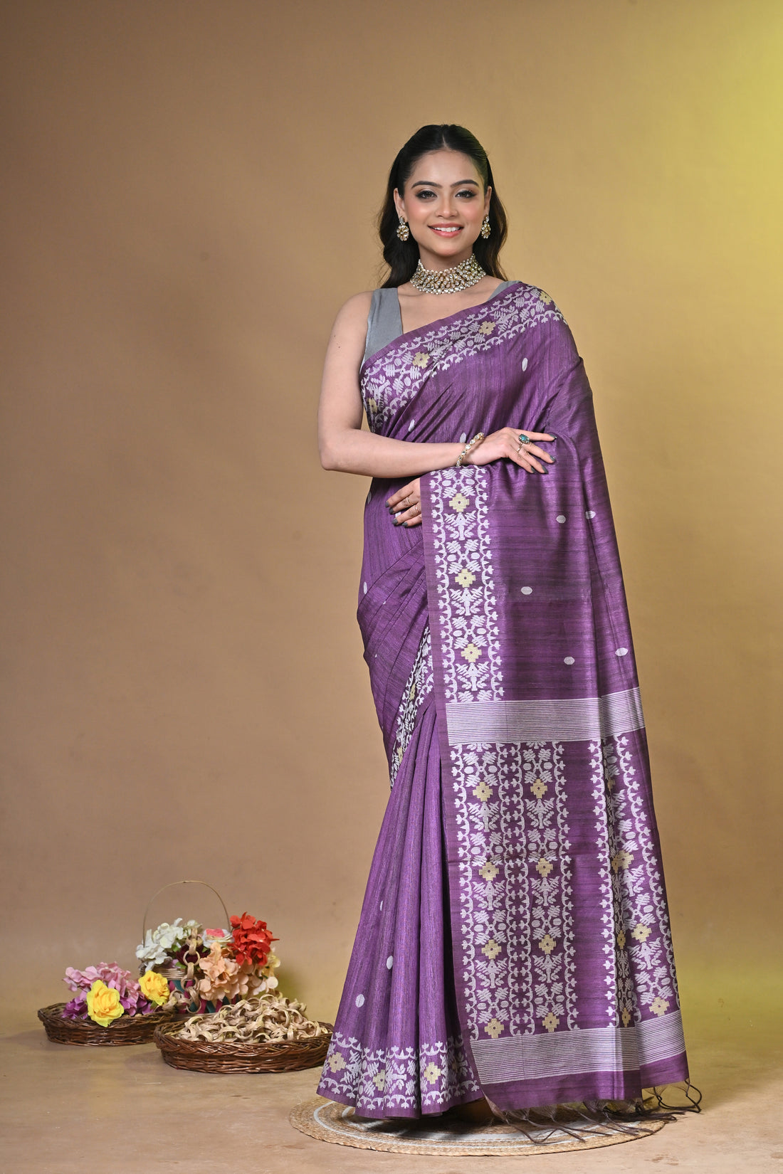 Purple Tassar Jamdani Saree with Traditional Woven Motifs