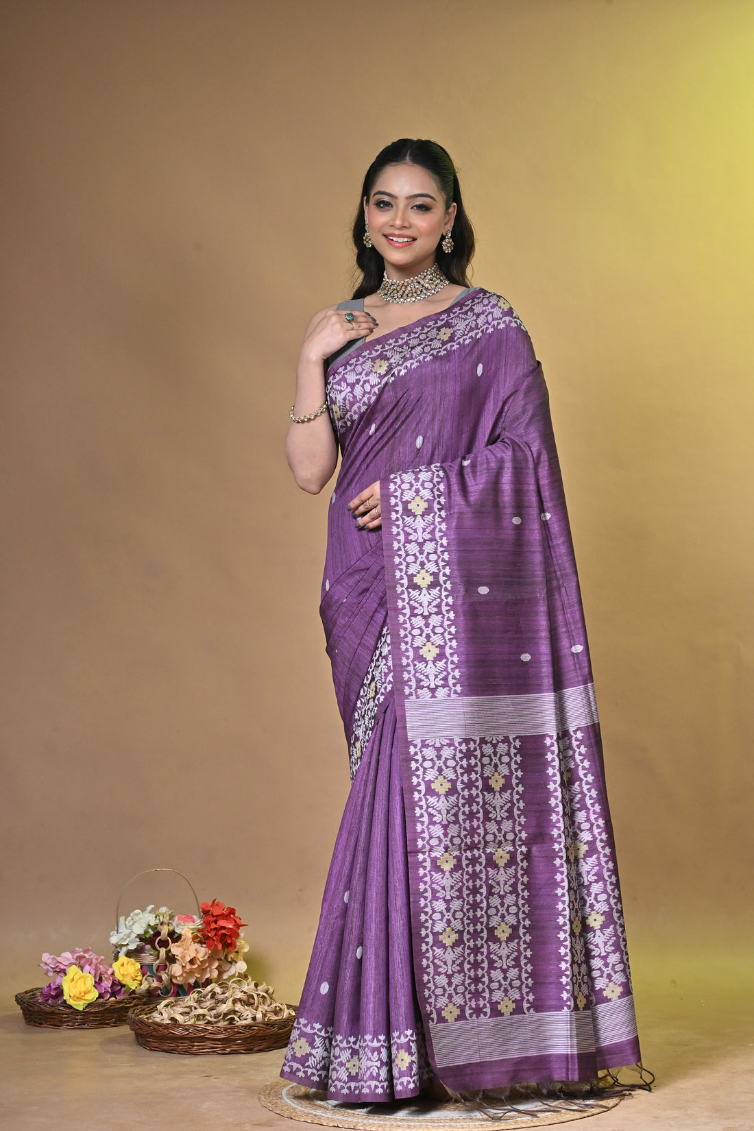 Purple Tassar Jamdani Saree with Traditional Woven Motifs