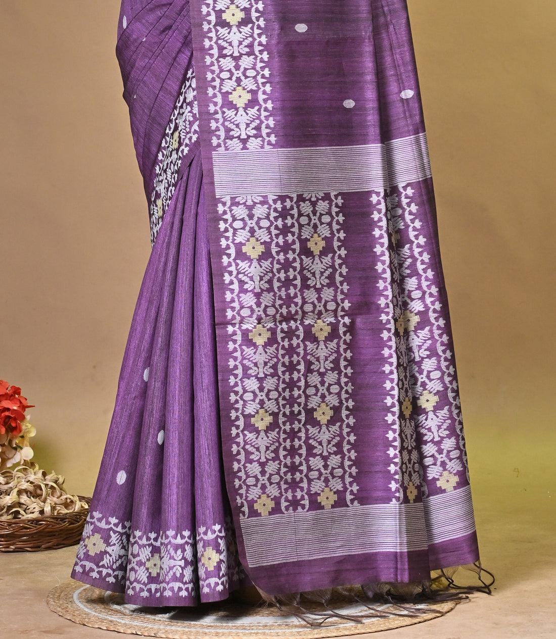 Purple Tassar Jamdani Saree with Traditional Woven Motifs