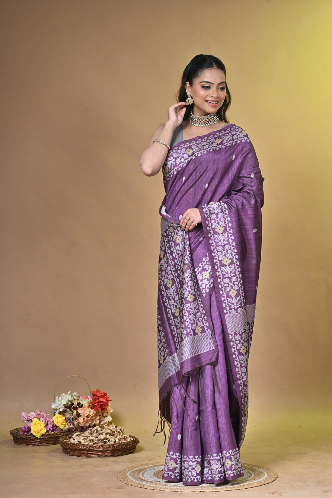 Purple Tassar Jamdani Saree with Traditional Woven Motifs