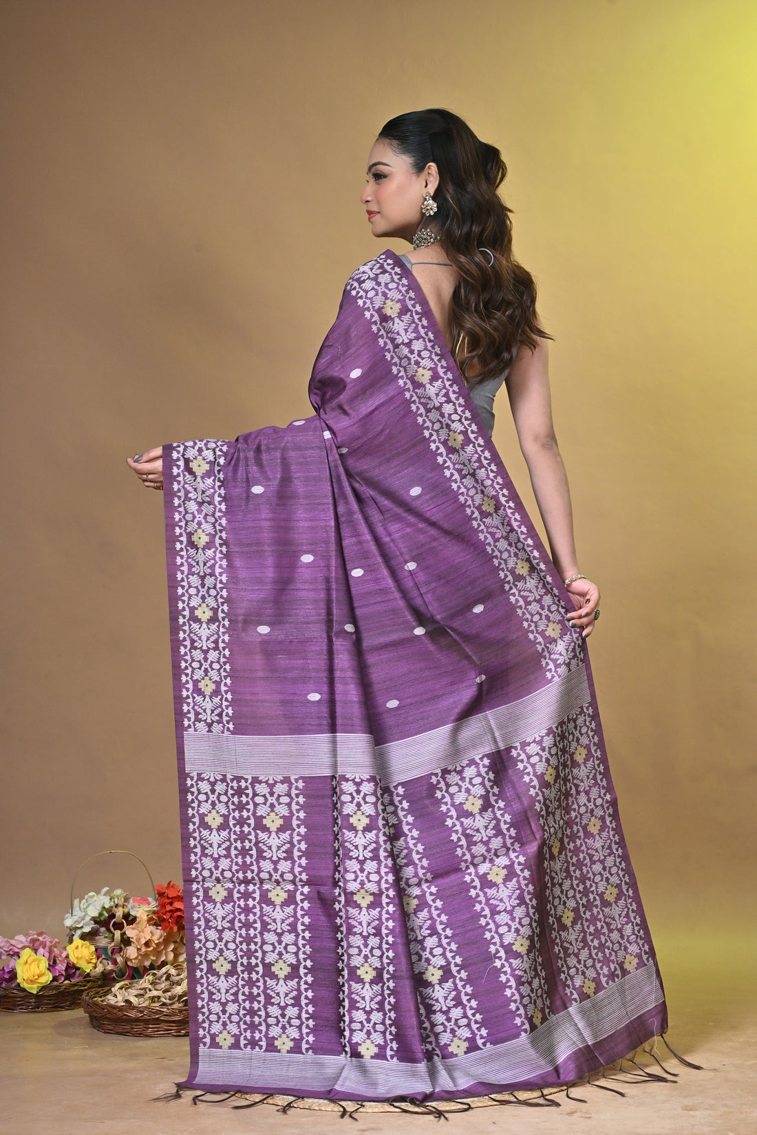 Purple Tassar Jamdani Saree with Traditional Woven Motifs