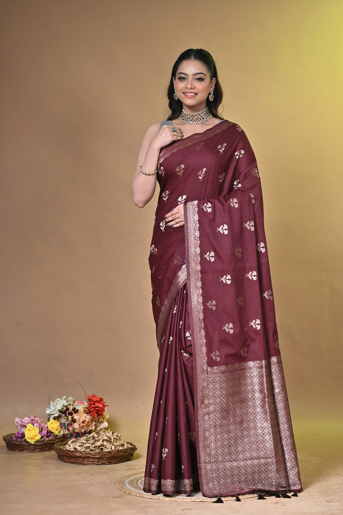 Maroon Persi Khadi Saree with Buti Motifs and Silver Zari Border