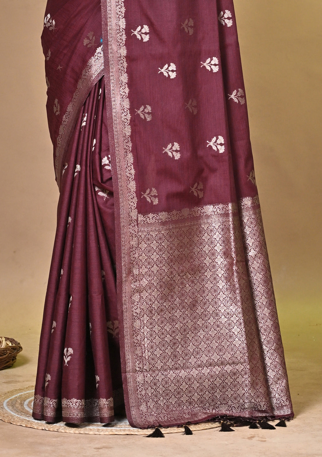 Maroon Persi Khadi Saree with Buti Motifs and Silver Zari Border