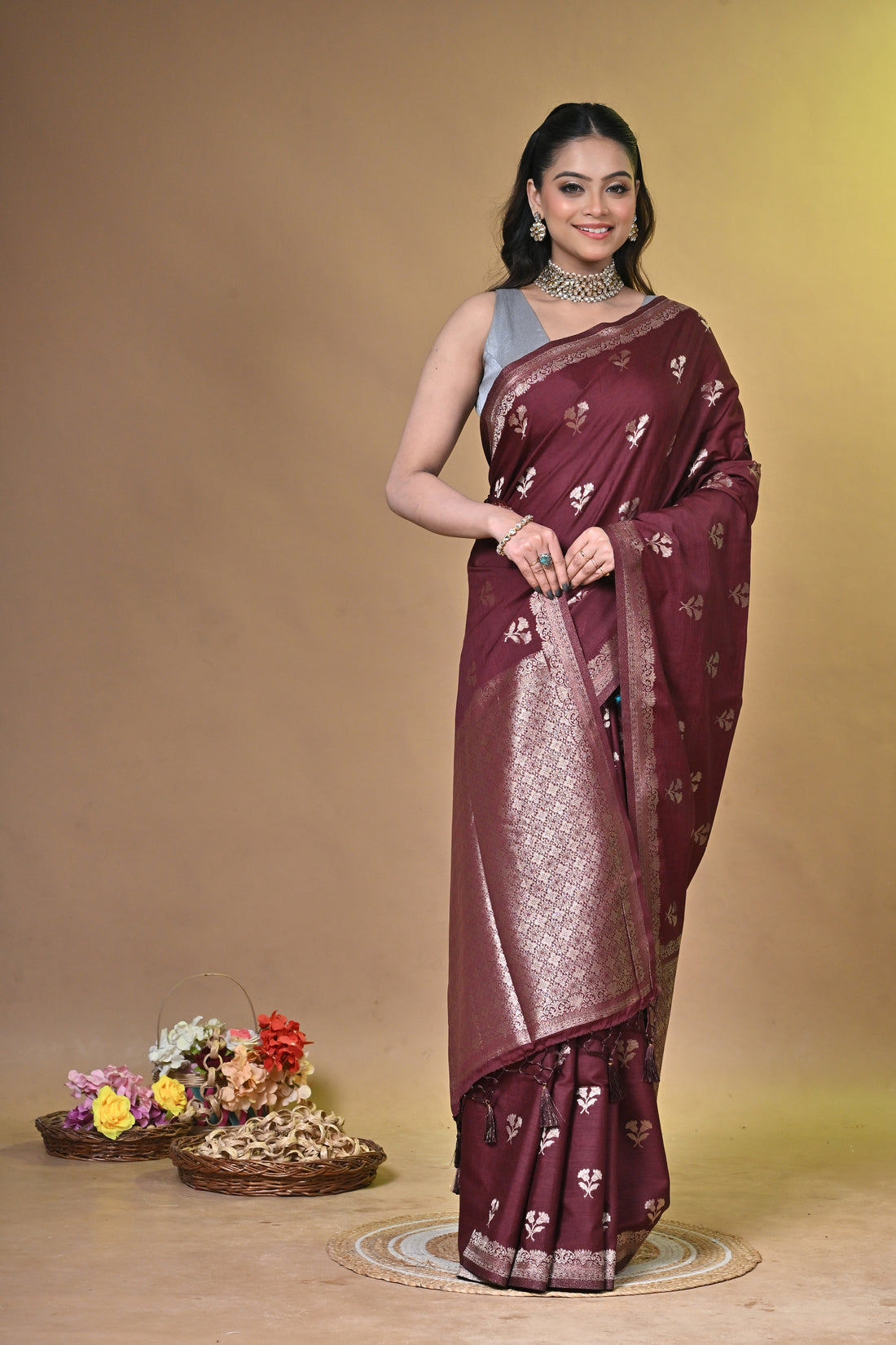 Maroon Persi Khadi Saree with Buti Motifs and Silver Zari Border