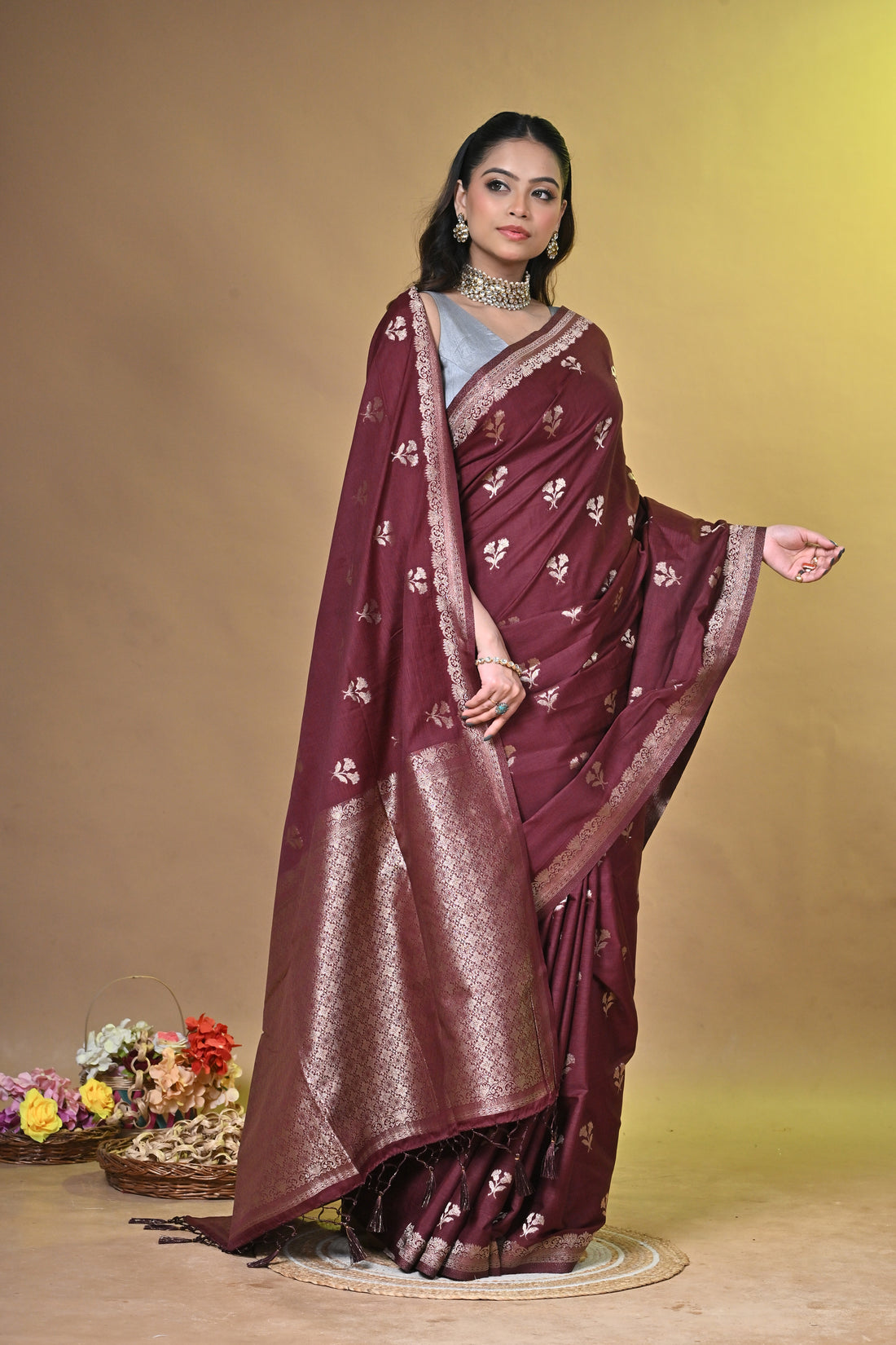 Maroon Persi Khadi Saree with Buti Motifs and Silver Zari Border