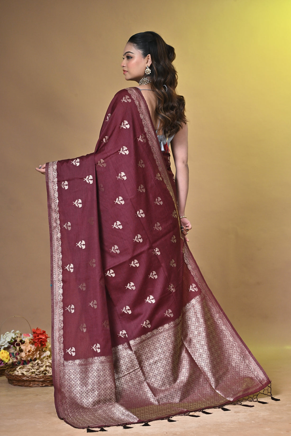 Maroon Persi Khadi Saree with Buti Motifs and Silver Zari Border