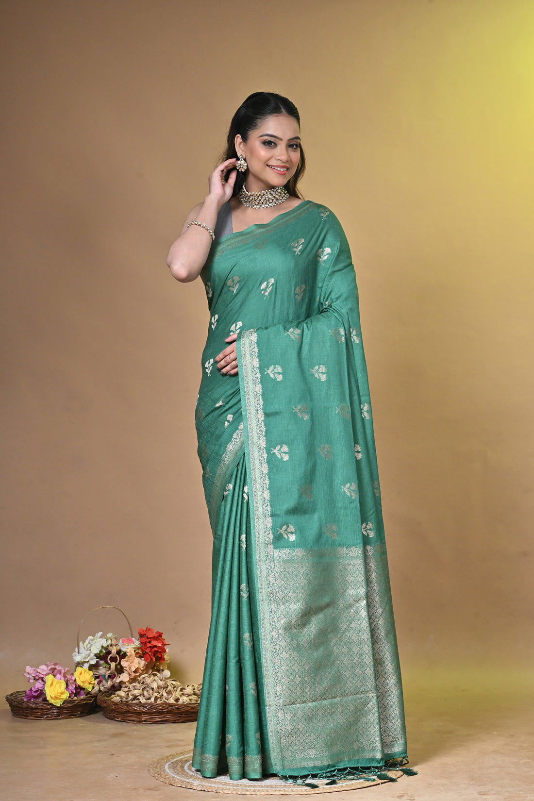 Mint Green Persi Khadi Saree with Buti Motifs and Silver Zari Border