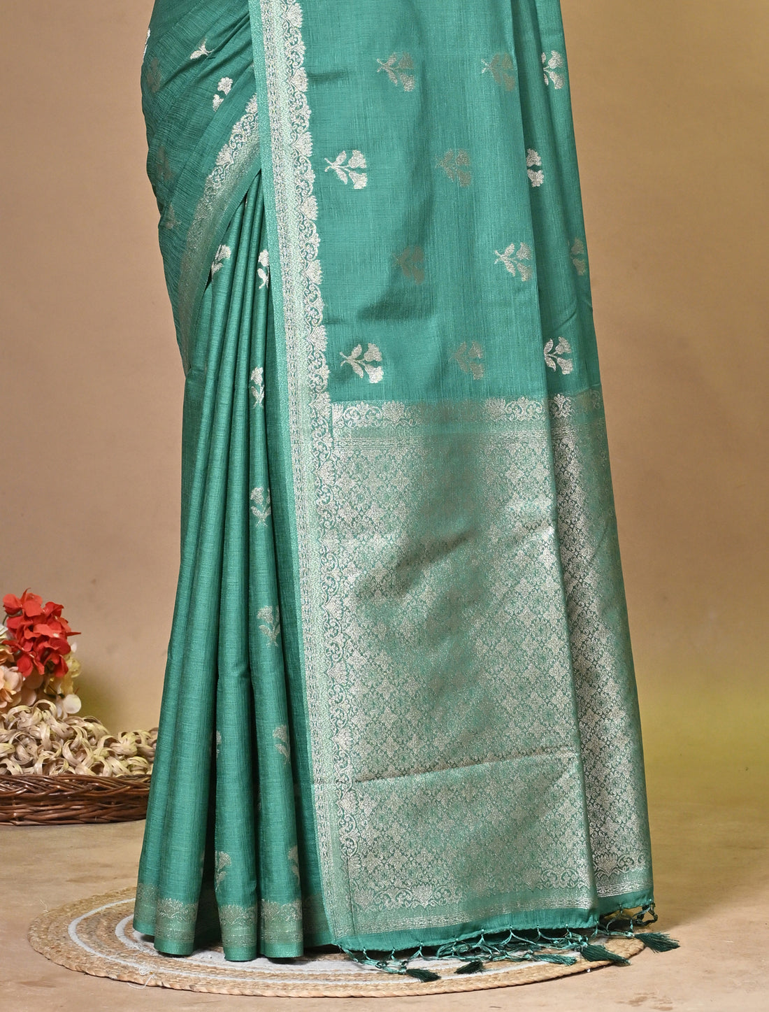 Mint Green Persi Khadi Saree with Buti Motifs and Silver Zari Border
