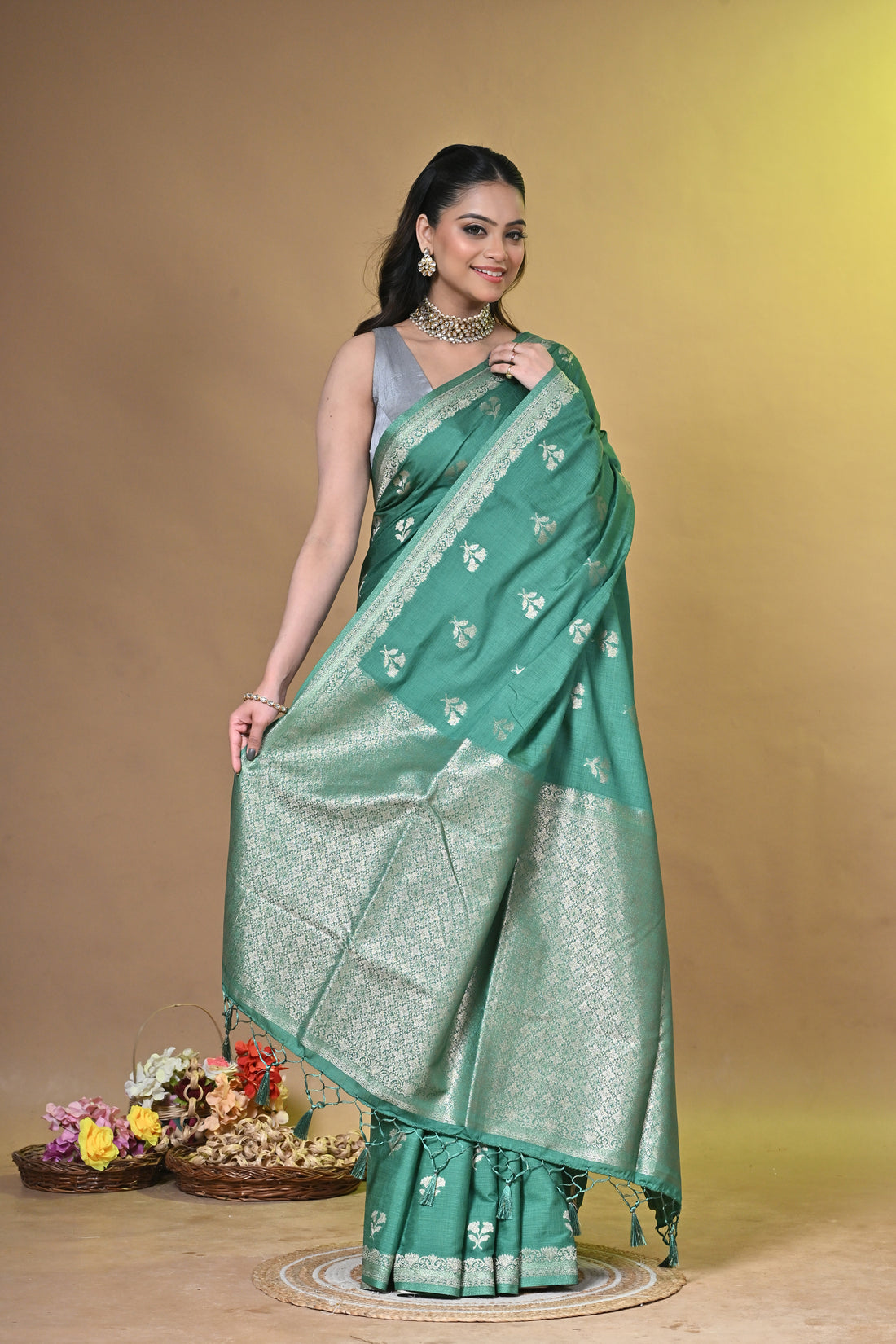 Mint Green Persi Khadi Saree with Buti Motifs and Silver Zari Border