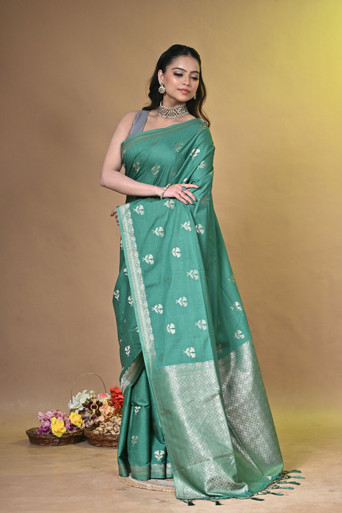 Mint Green Persi Khadi Saree with Buti Motifs and Silver Zari Border