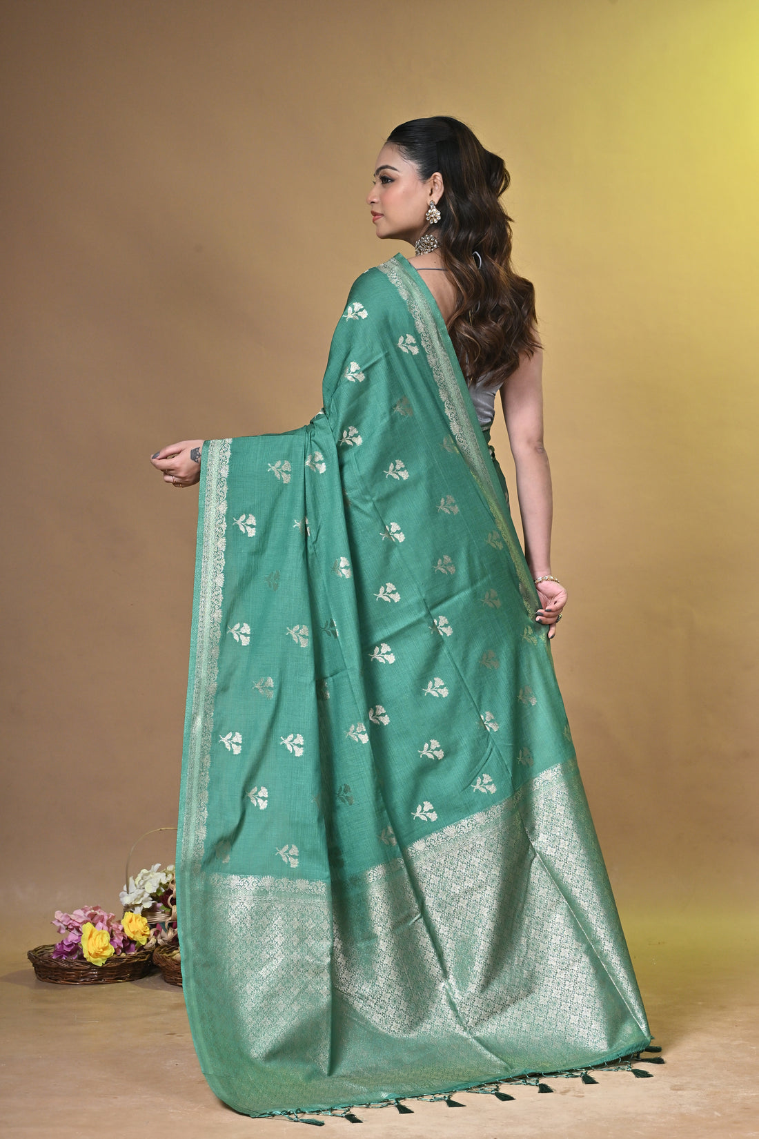 Mint Green Persi Khadi Saree with Buti Motifs and Silver Zari Border