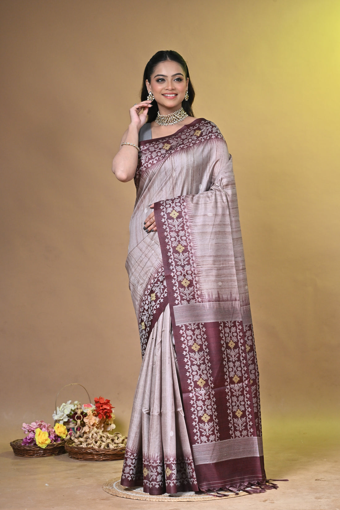 Purple Tassar Handwoven Jamdani Saree