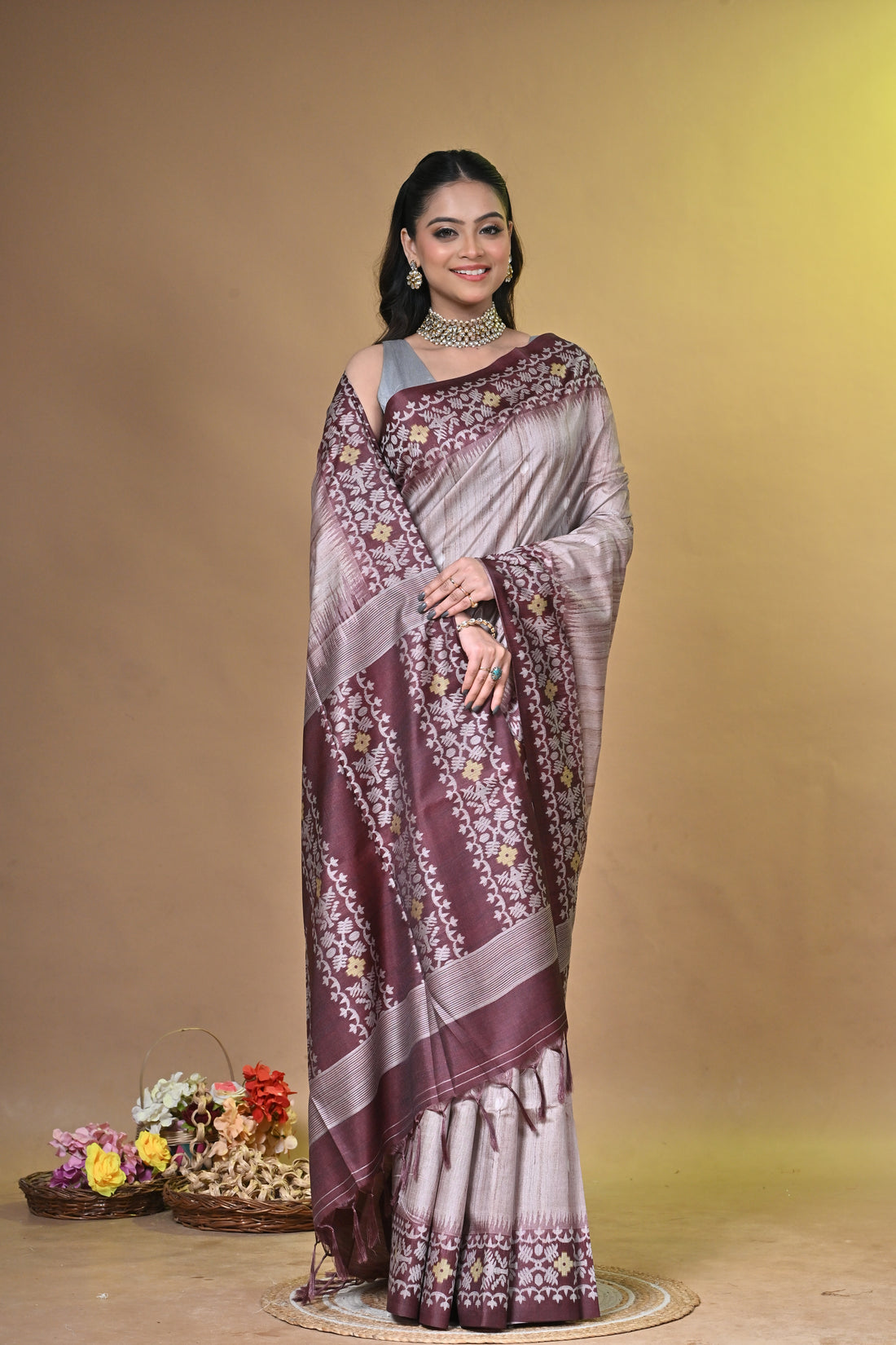 Purple Tassar Handwoven Jamdani Saree