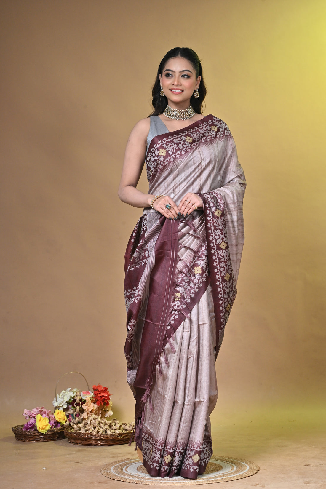 Purple Tassar Handwoven Jamdani Saree