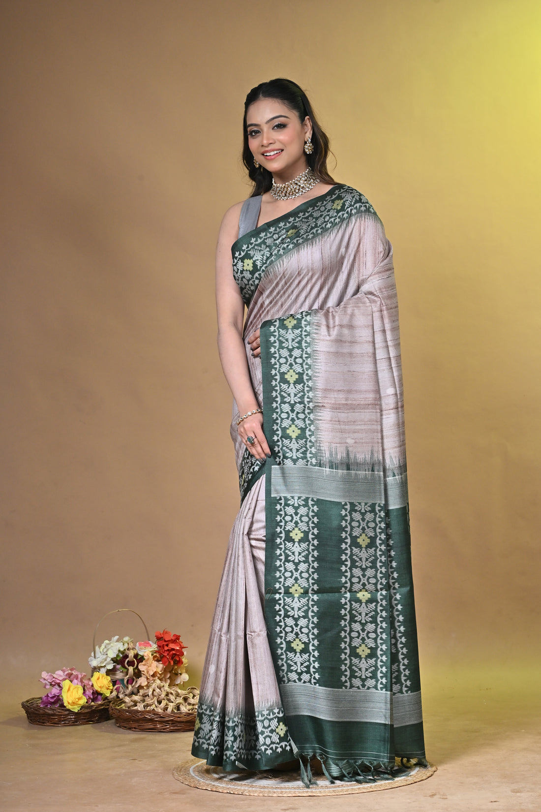 Beige Grey Tassar Jamdani Saree with Traditional Woven Motifs
