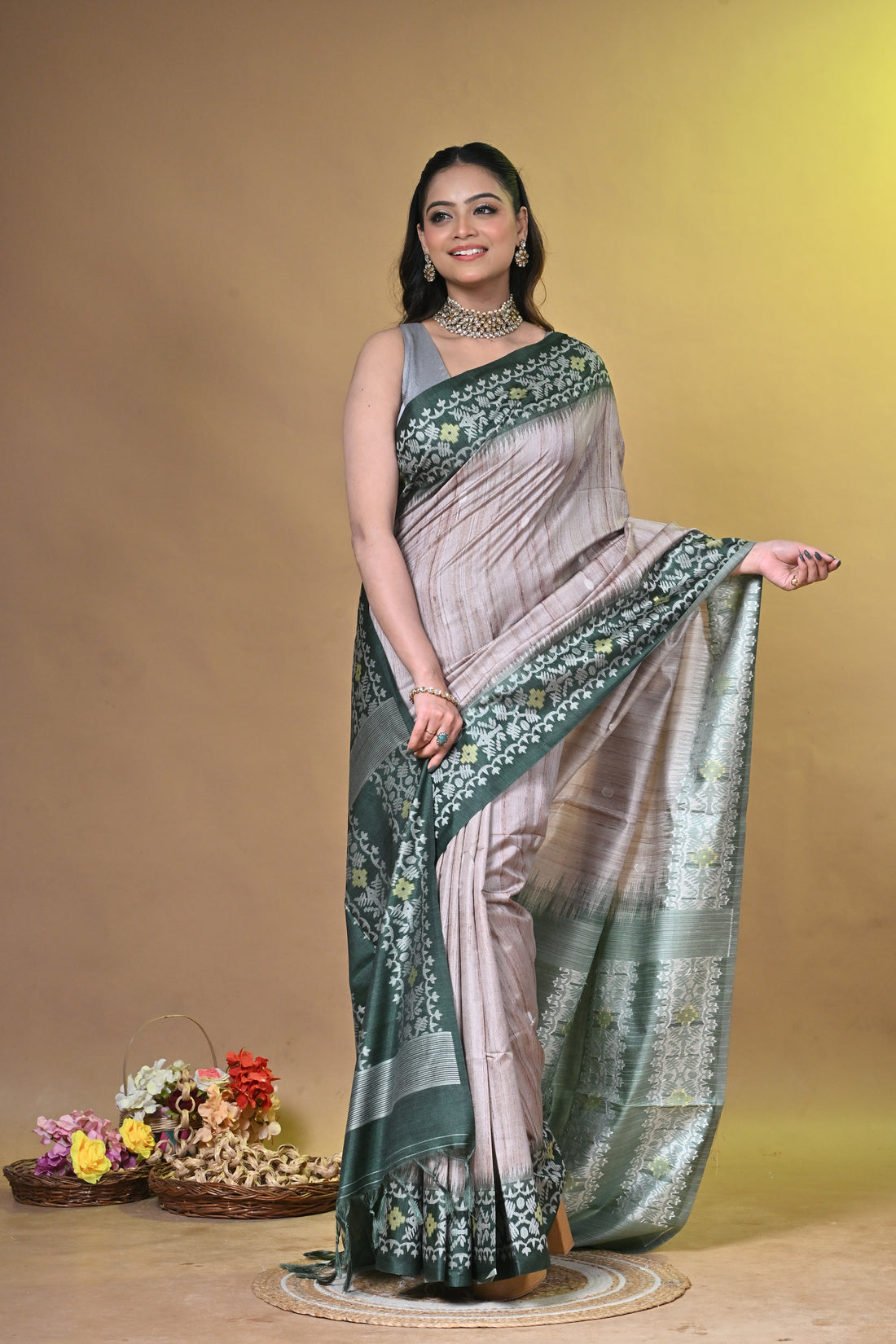 Beige Grey Tassar Jamdani Saree with Traditional Woven Motifs