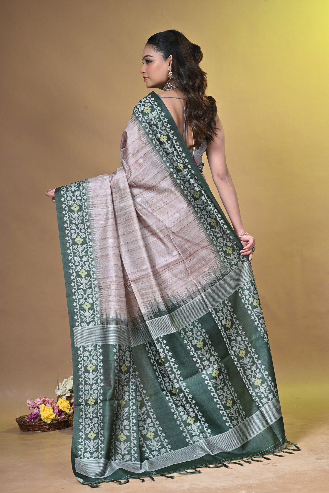 Beige Grey Tassar Jamdani Saree with Traditional Woven Motifs