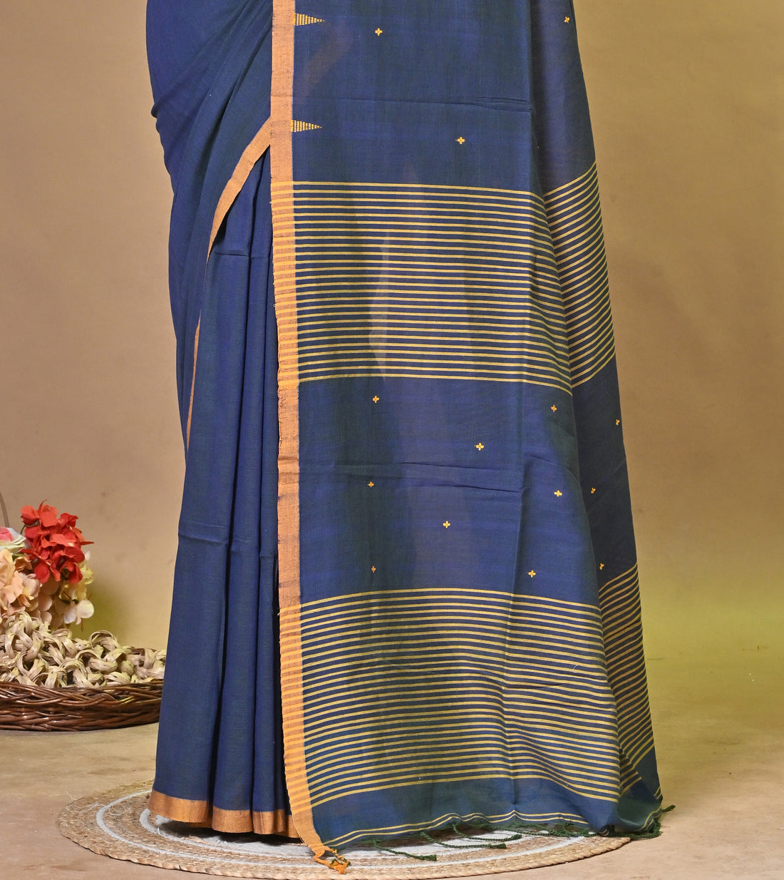 Navy Blue Pure Cotton Handloom Saree with Buti Motifs and Yellow Striped Design