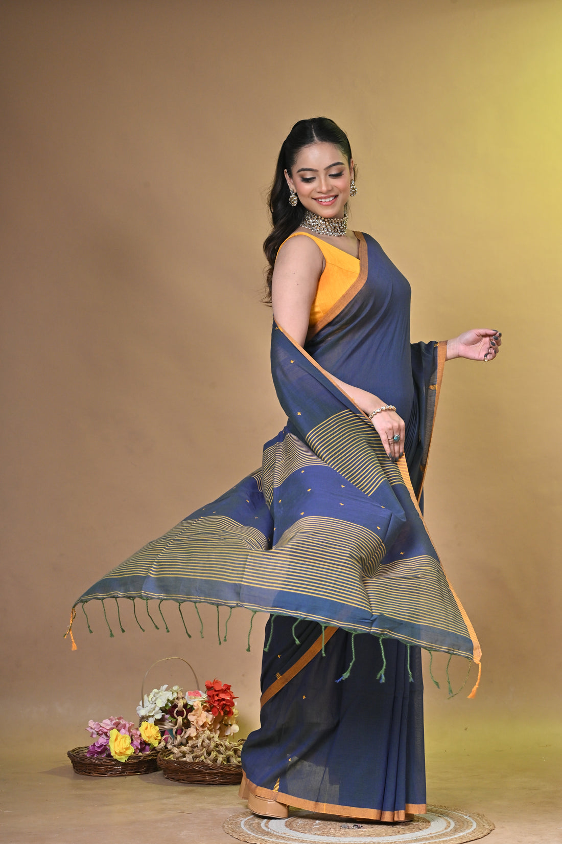 Navy Blue Pure Cotton Handloom Saree with Buti Motifs and Yellow Striped Design