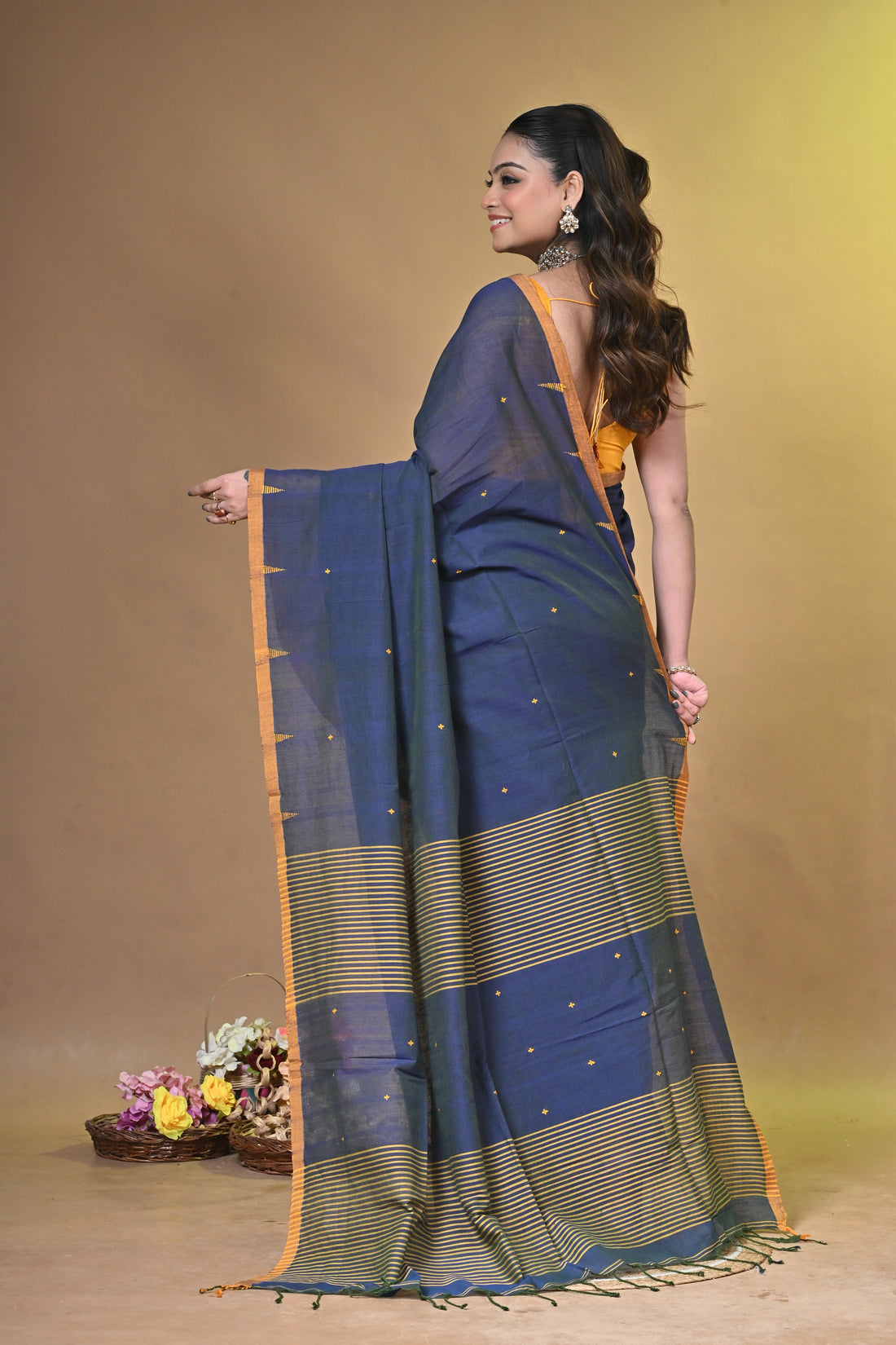 Navy Blue Pure Cotton Handloom Saree with Buti Motifs and Yellow Striped Design