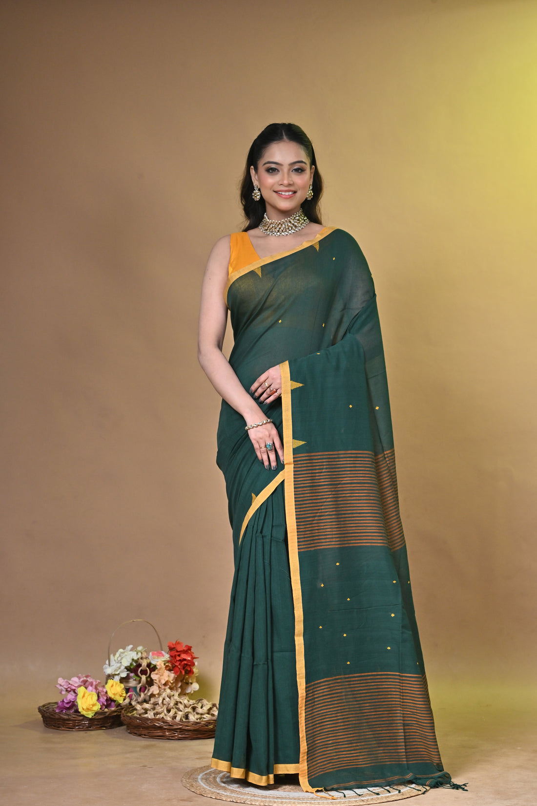 Green Pure Cotton Handloom Saree with Buti Motifs and Orange Striped Design