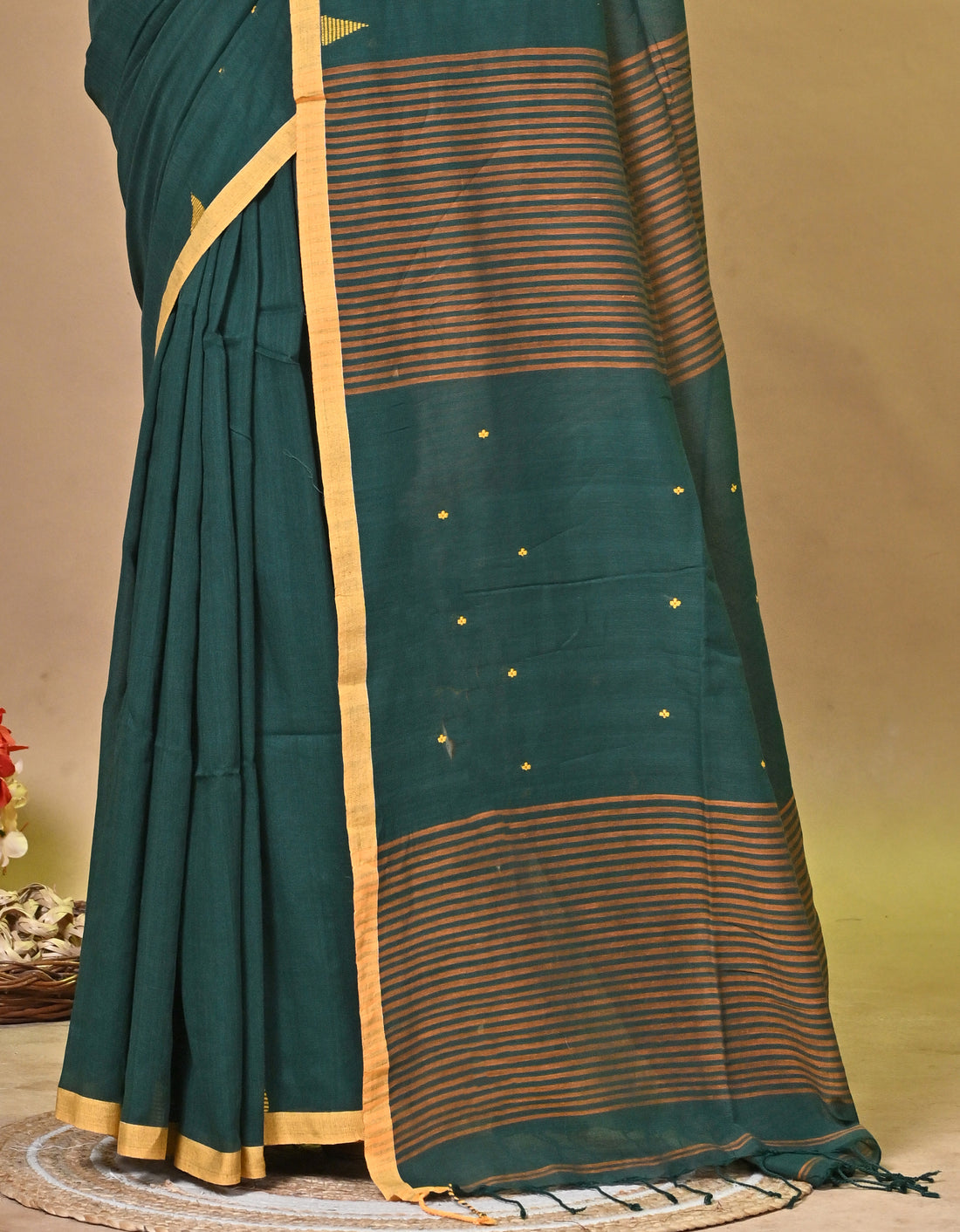 Green Pure Cotton Handloom Saree with Buti Motifs and Orange Striped Design
