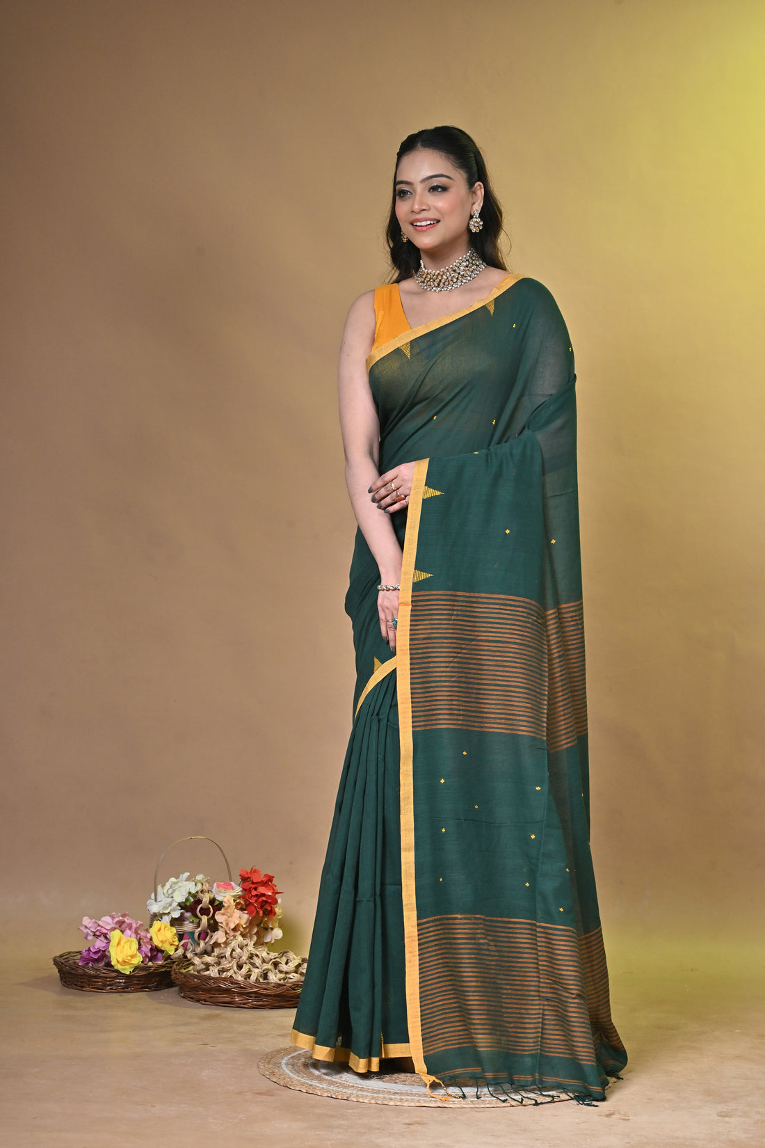 Green Pure Cotton Handloom Saree with Buti Motifs and Orange Striped Design
