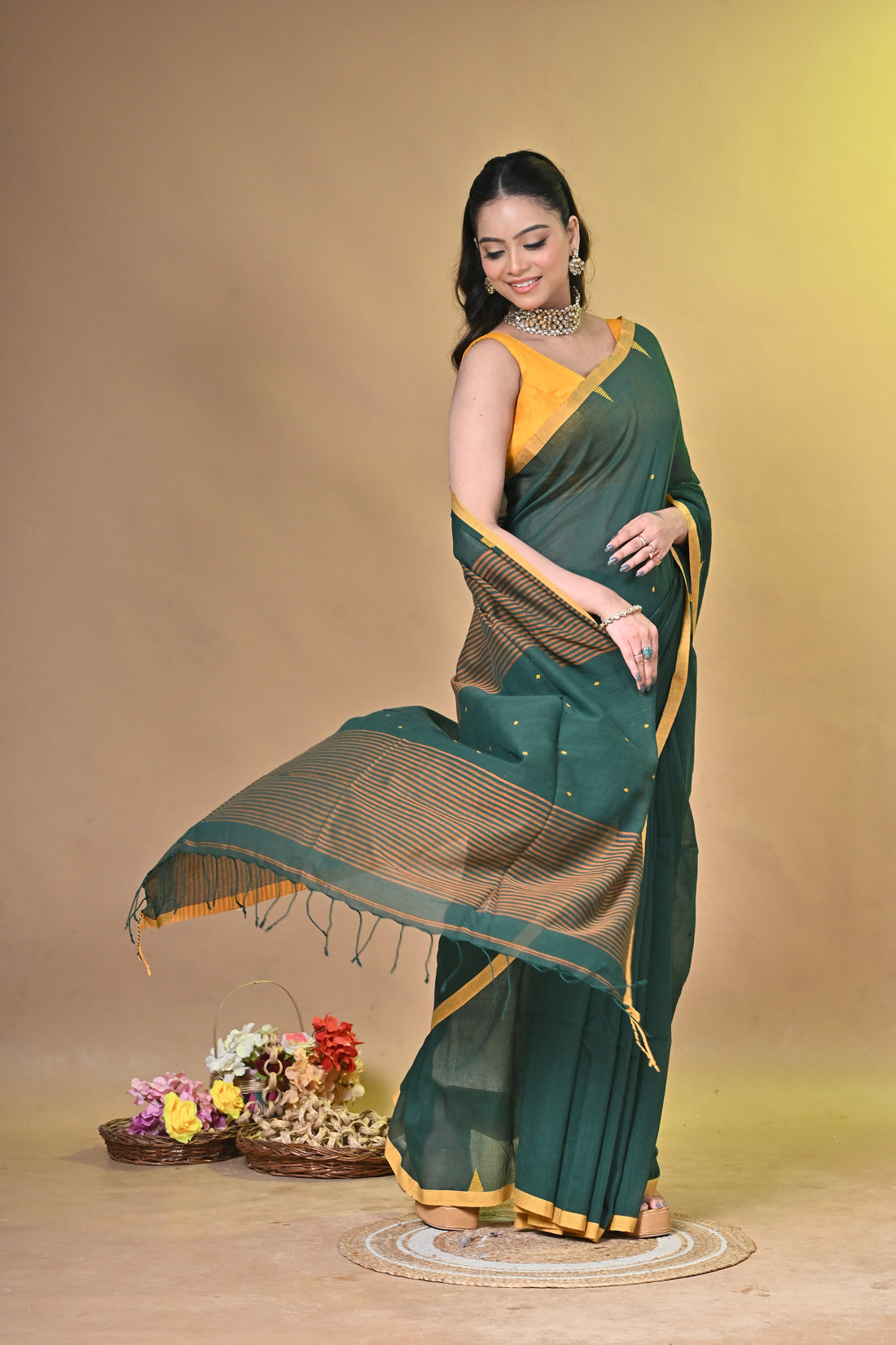 Green Pure Cotton Handloom Saree with Buti Motifs and Orange Striped Design