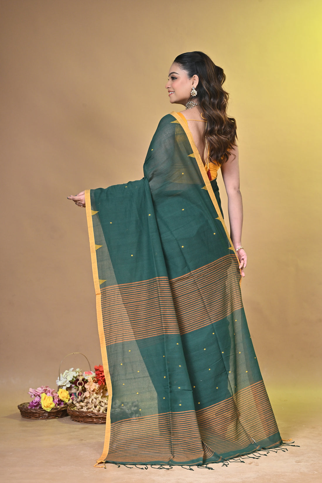 Green Pure Cotton Handloom Saree with Buti Motifs and Orange Striped Design