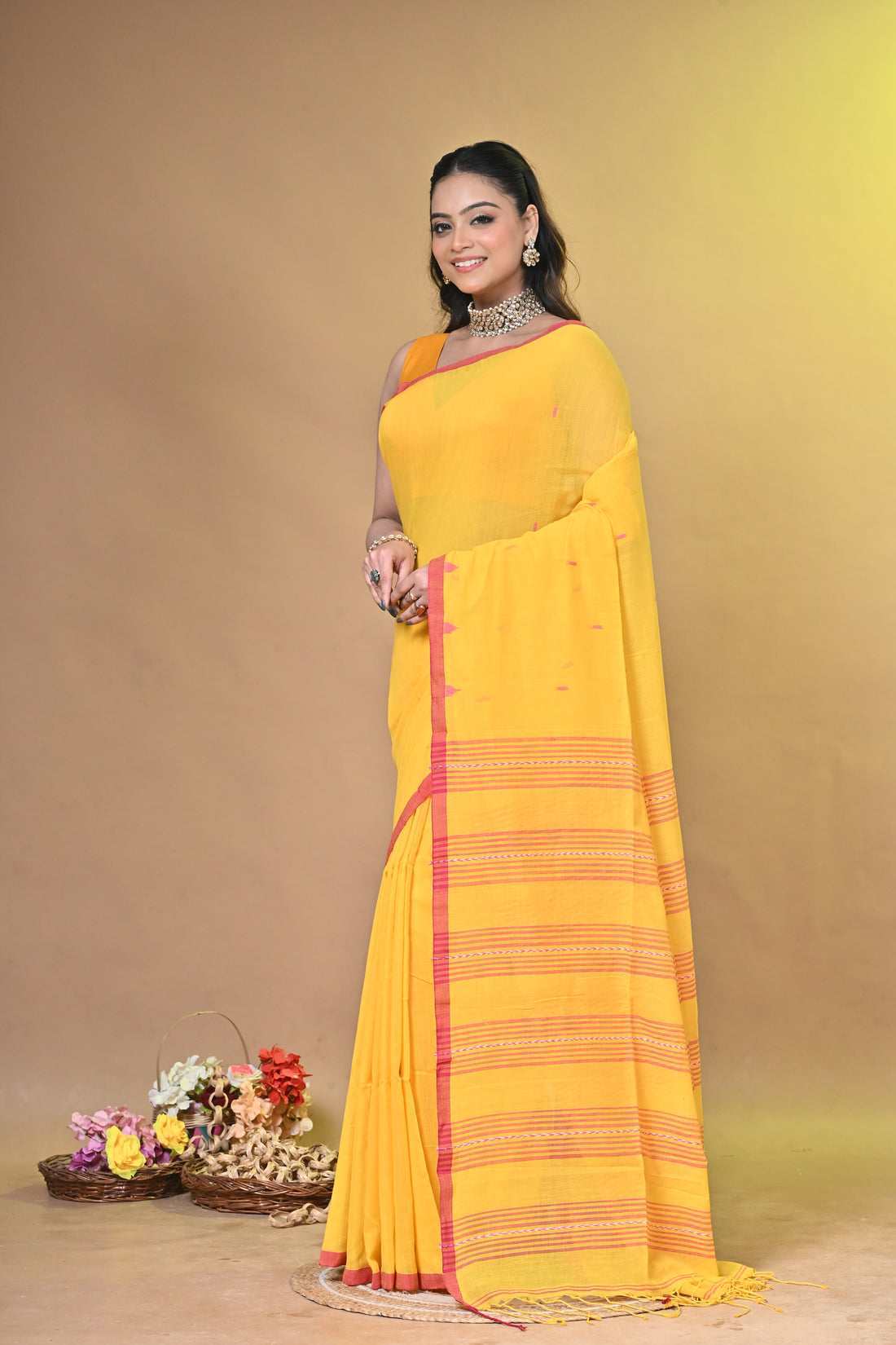 Yellow Pure Khadi Cotton Handloom Saree with Traditional Striped Design