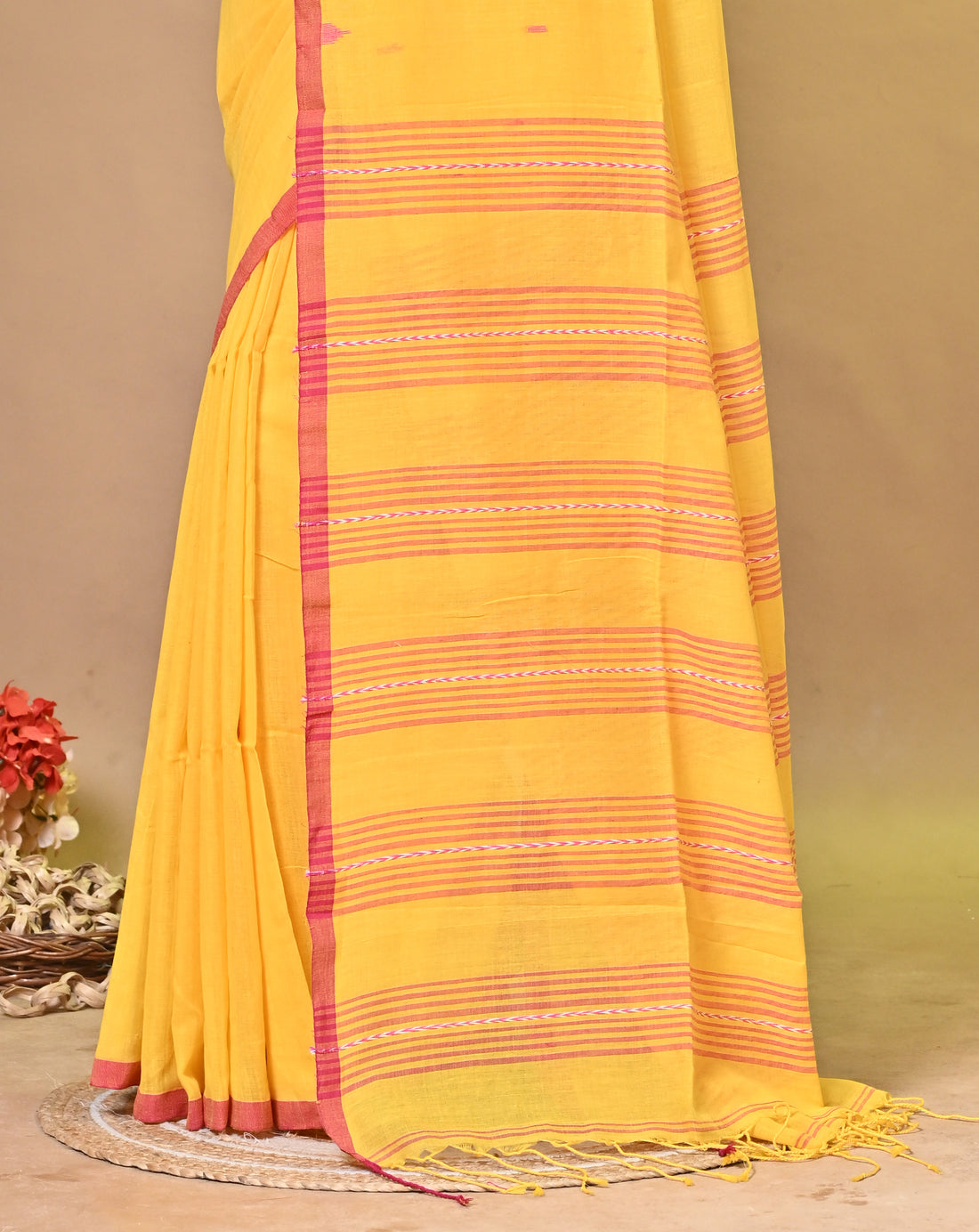 Yellow Pure Khadi Cotton Handloom Saree with Traditional Striped Design