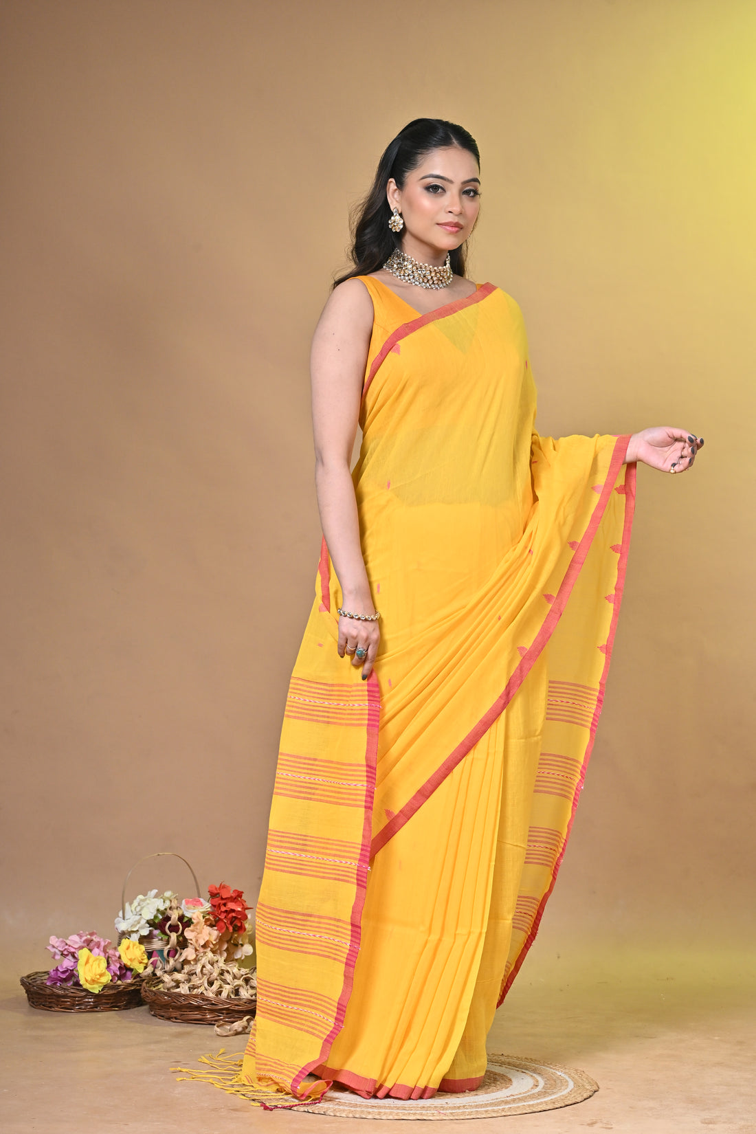 Yellow Pure Khadi Cotton Handloom Saree with Traditional Striped Design