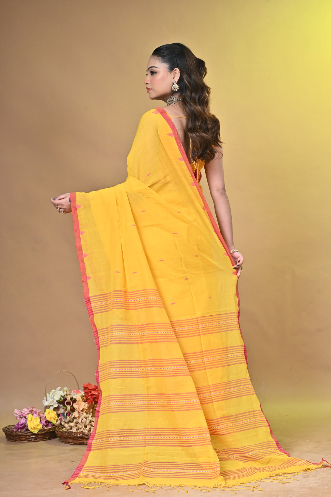 Yellow Pure Khadi Cotton Handloom Saree with Traditional Striped Design
