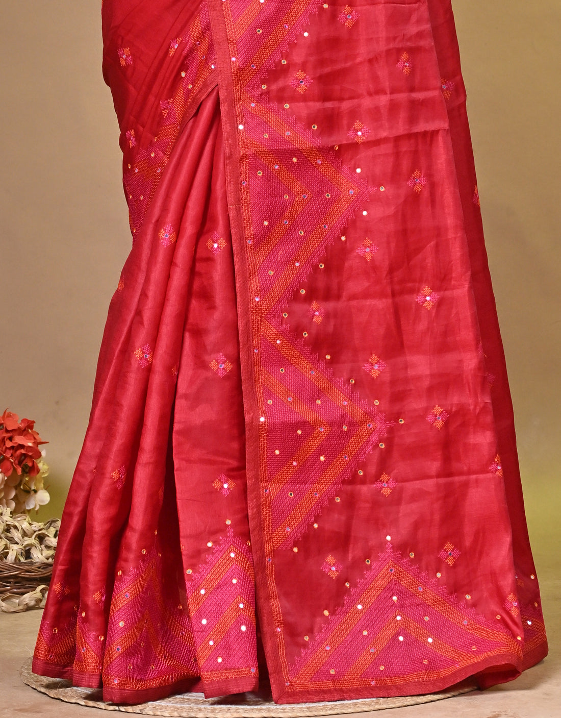 Red Dupion Kachhi Silk Saree with Traditional Buti Motifs