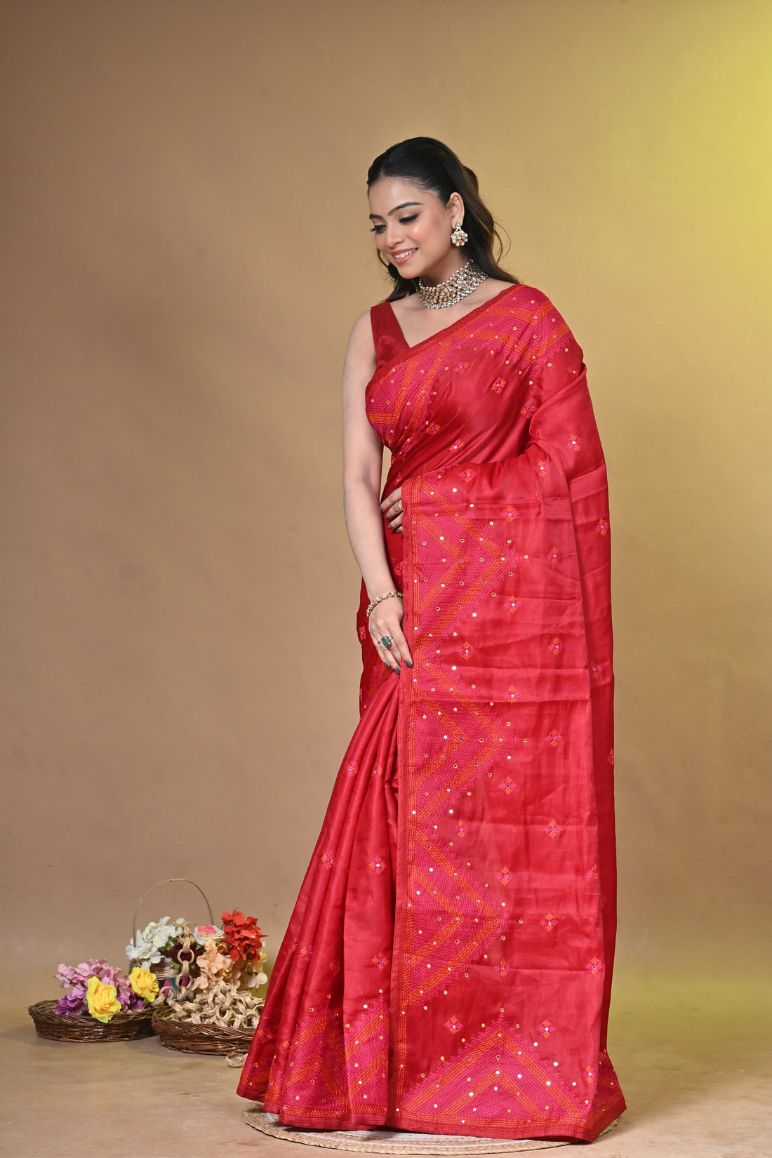 Red Dupion Kachhi Silk Saree with Traditional Buti Motifs