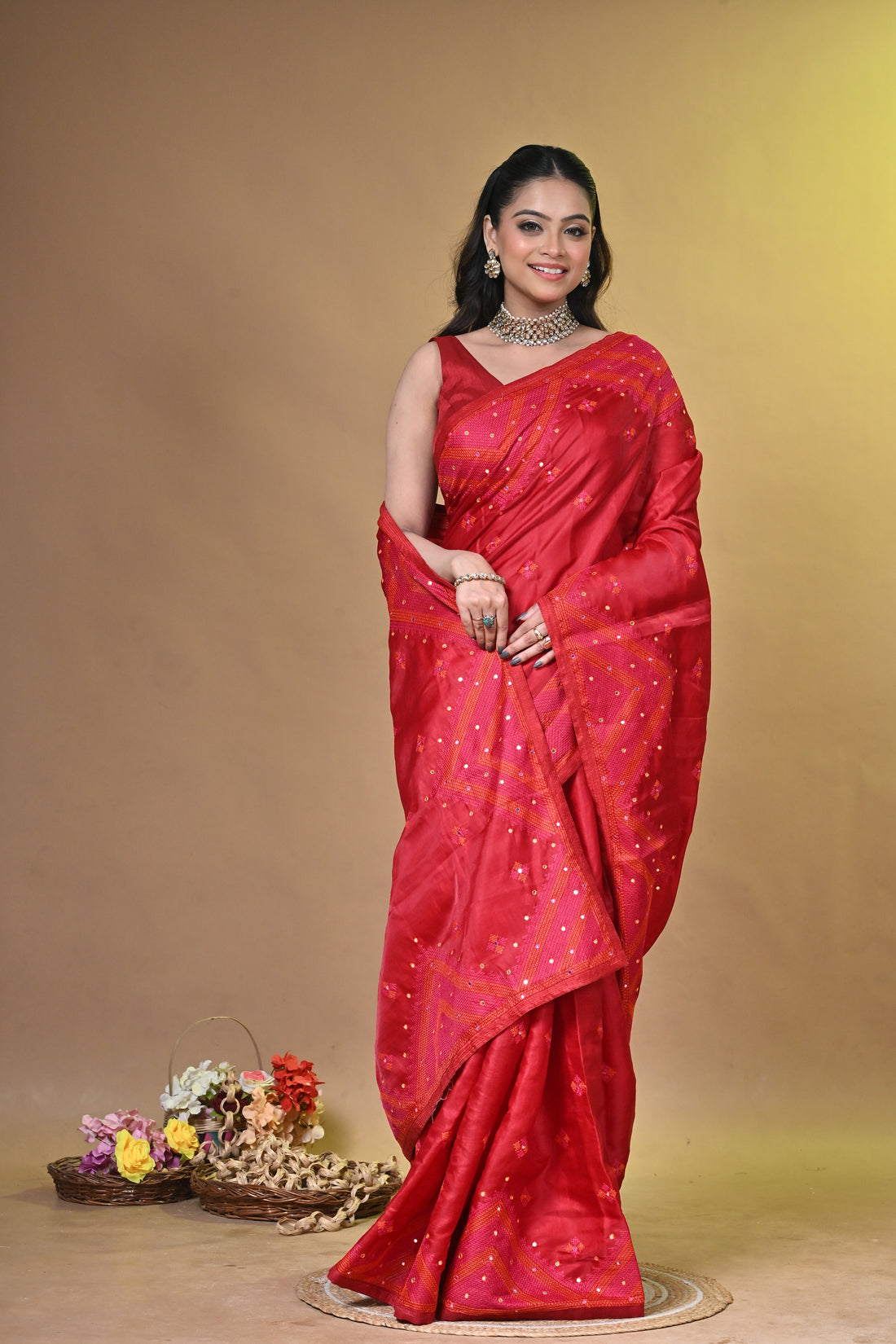 Red Dupion Kachhi Silk Saree with Traditional Buti Motifs