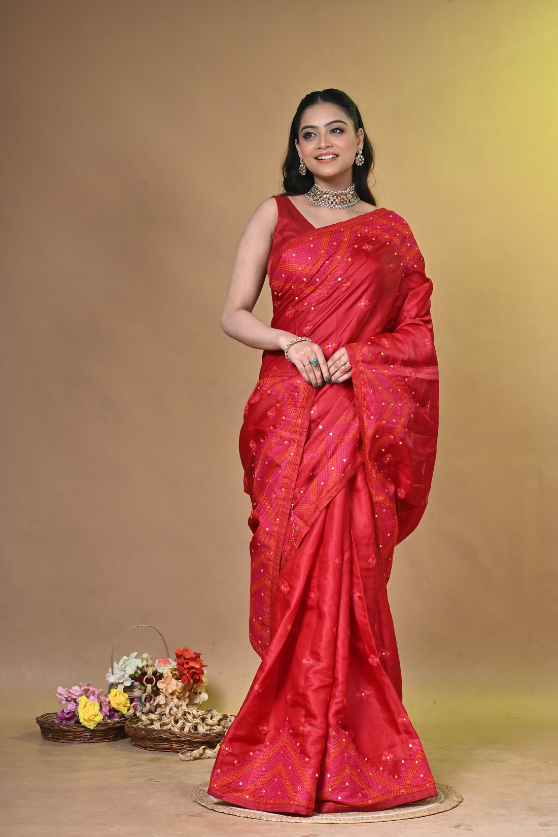 Red Dupion Kachhi Silk Saree with Traditional Buti Motifs
