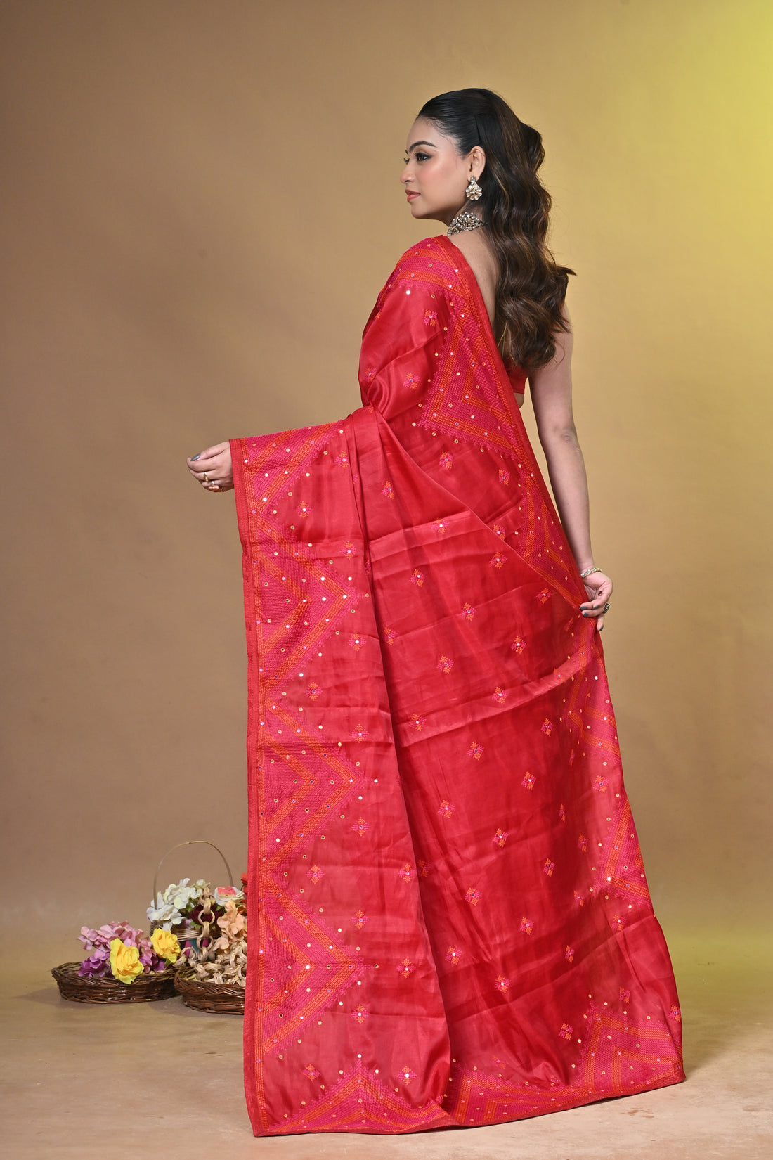Red Dupion Kachhi Silk Saree with Traditional Buti Motifs