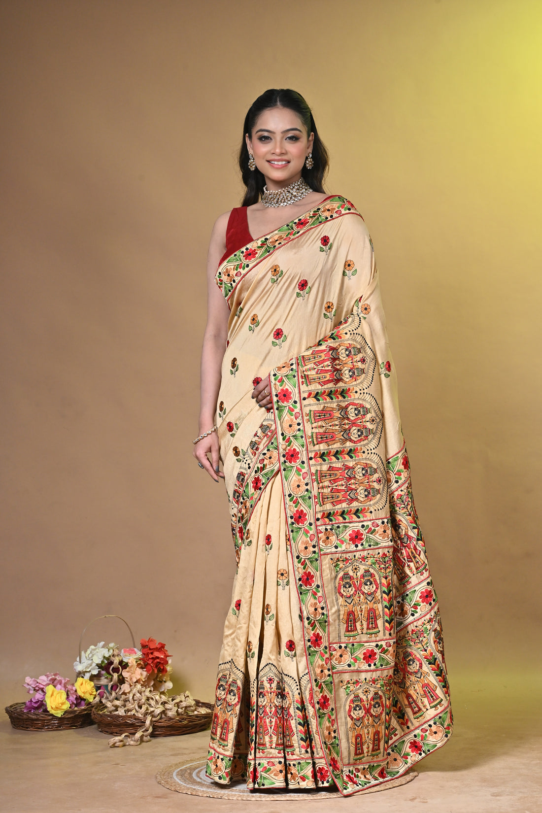 Cream Dupion Silk Saree with Traditional Folk Art Print