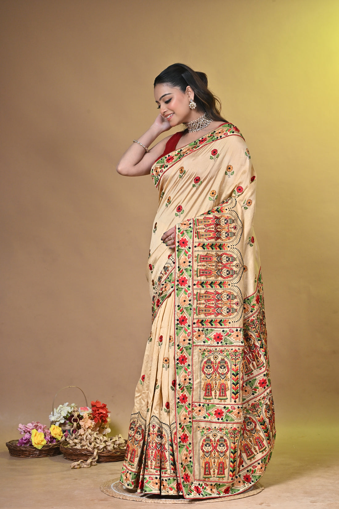 Cream Dupion Silk Saree with Traditional Folk Art Print