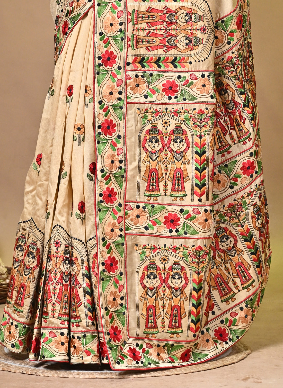 Cream Dupion Silk Saree with Traditional Folk Art Print