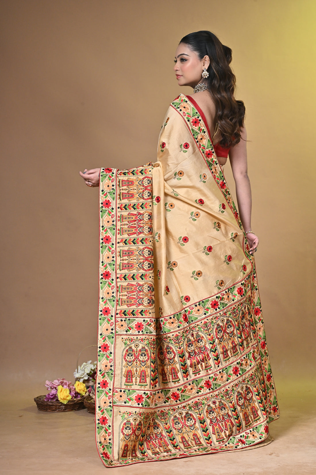 Cream Dupion Silk Saree with Traditional Folk Art Print