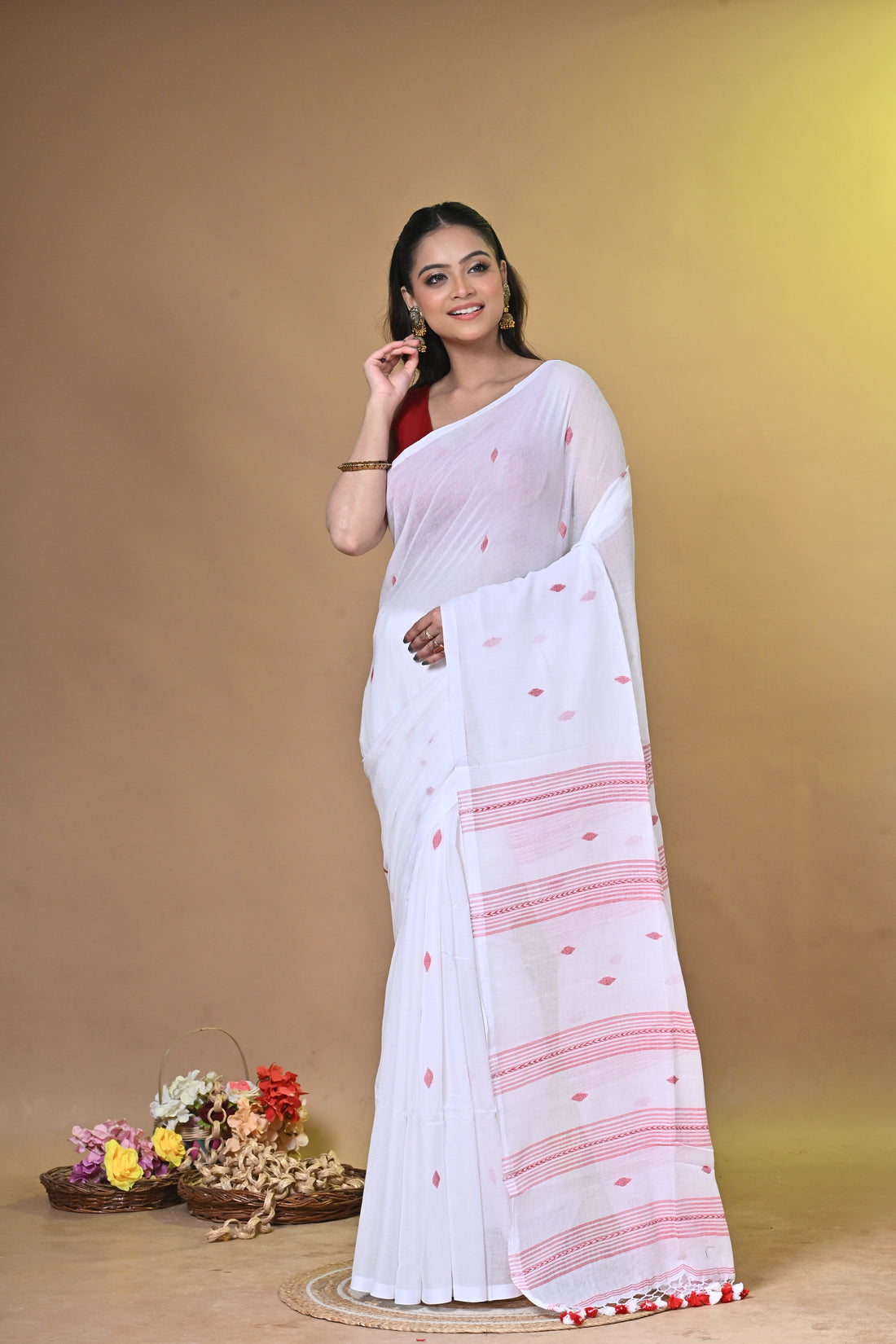 Handloom Pure Cotton Saree in Off-White with Red Stripes
