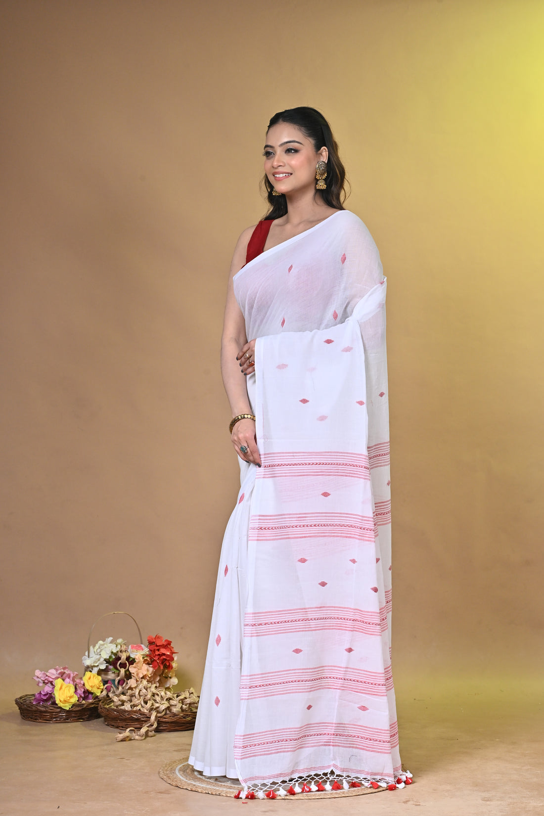 Handloom Pure Cotton Saree in Off-White with Red Stripes