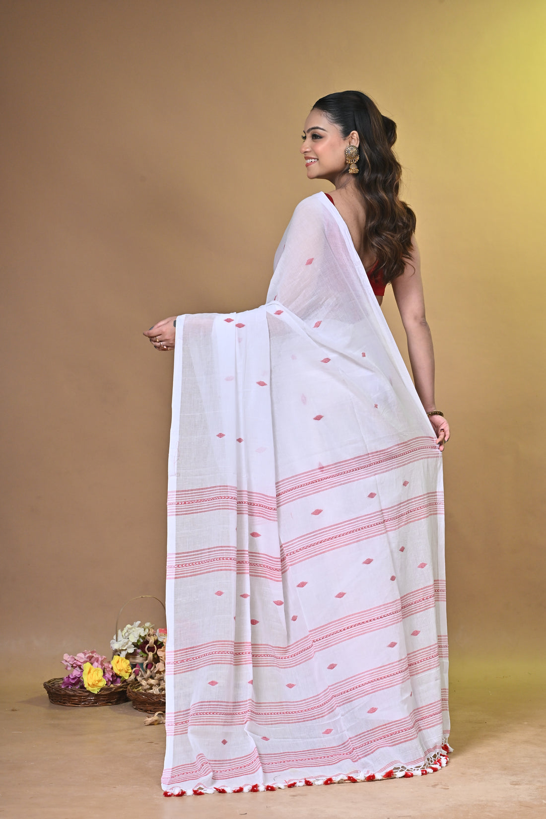 Handloom Pure Cotton Saree in Off-White with Red Stripes